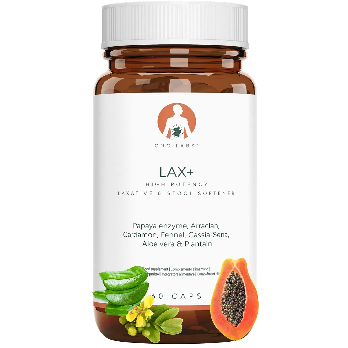 LAX+ Integratore Alimentare 2x Bottiglie con Senna, Papaya, Finocchio, Aloe e Piantaggine – 120 Capsule