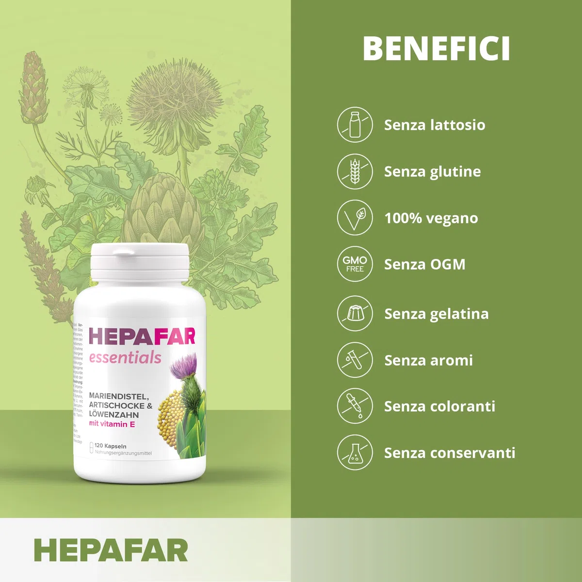Cardo Mariano Tarassaco e Carciofo – Vitamina E – Detox – 80% di Silimarina – Depura Fegato – 120 capsule vegane ad alto dosaggio per 120 giorni – Sensilab Essential Hepafar