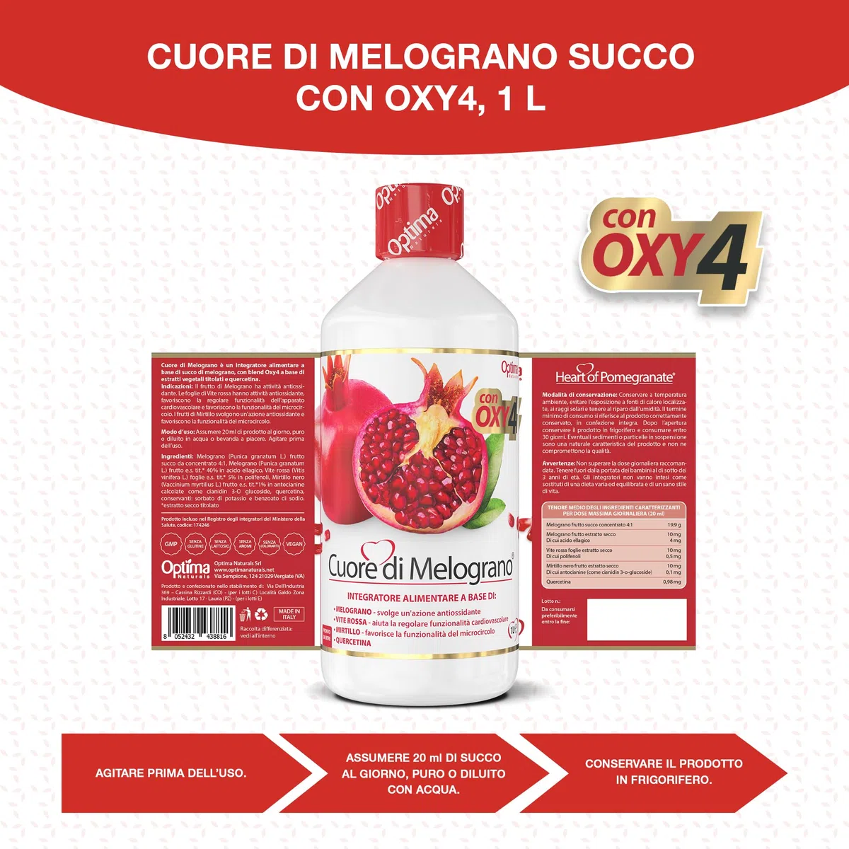 Cuore di Melograno con Oxy4, 1000 ml con succo di melograno e OXY4, antiossidante, benessere cardiovascolare