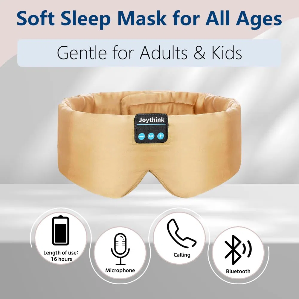 Joythink Cuffie per dormire Bluetooth Maschera per dormire Fascia di seta Auricolari Maschera per dormire sul lato Blackout Morbido Sonno Auricolari Bambini Bambini Musica Eye Cover Champagne Oro