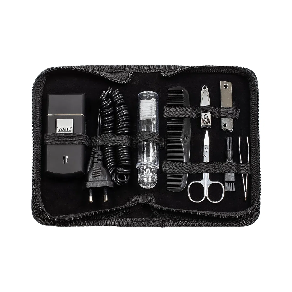 Wahl Travel Shaver Kit, ricaricabile, lamina flessibile, include spazzolino da denti, lima per unghie, forbici per unghie, pinzette, pettine, perfetto per i viaggi, piccolo, custodia da viaggio