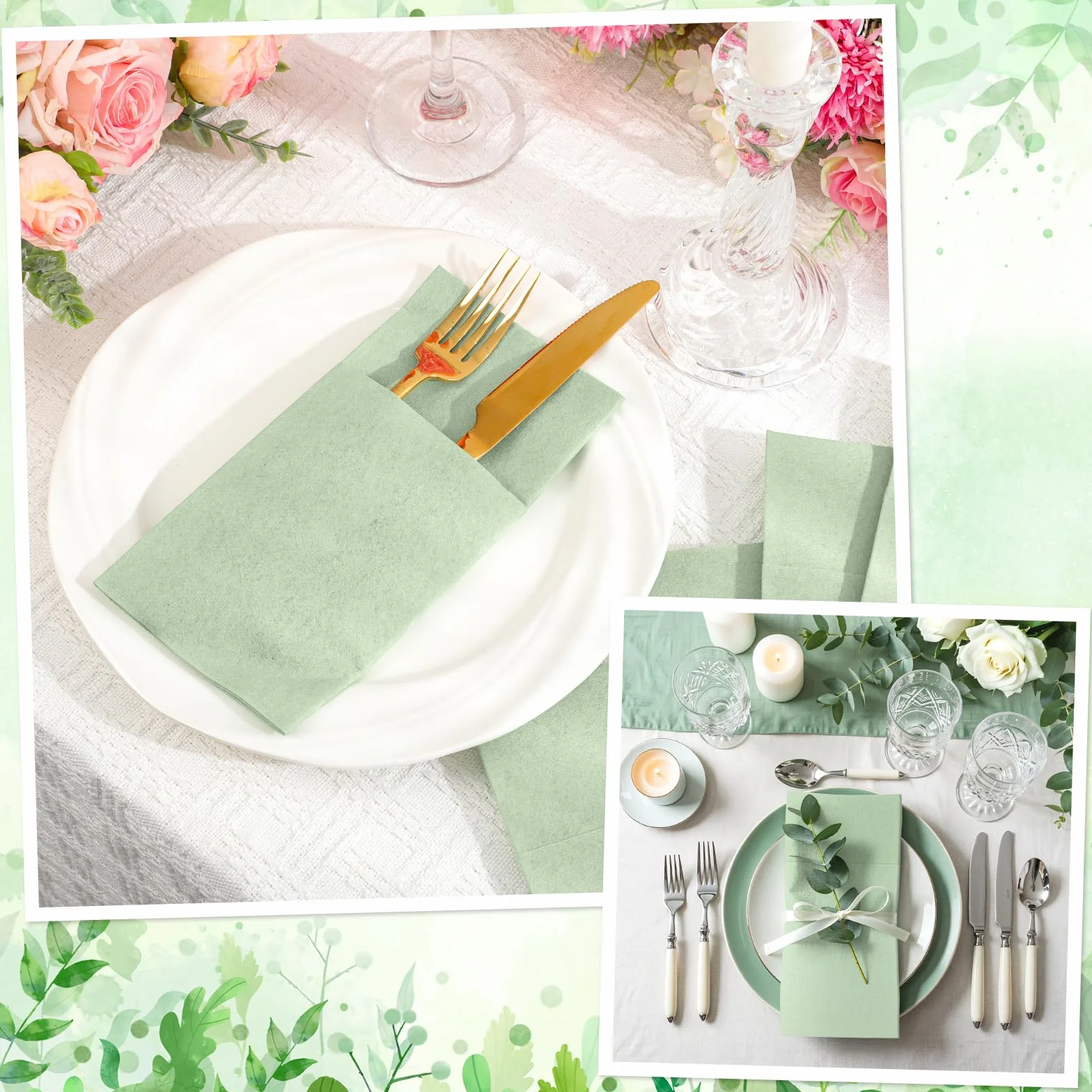 60 tovaglioli di lino tascabili, tovaglioli di carta con tasca integrata per posate usa e getta, per posate, matrimoni, baby shower, feste nuziali (verde salvia)