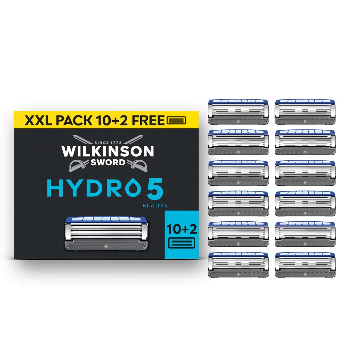 Wilkinson Sword Hydro 5, ricariche per rasoio da uomo, azione idratante e lame rivestite in carbonio, 10 ricariche + 2 gratis
