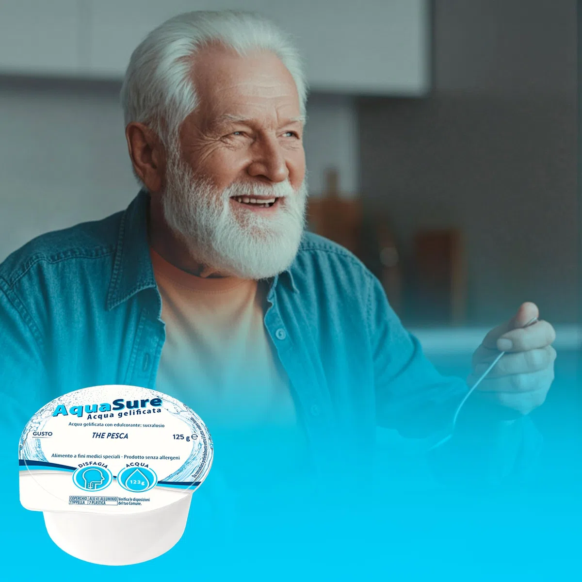 Abbott Nutrition | AquaSure 24 Confezioni x125 g | Acqua Gelificata per il trattamento dietetico di soggetti affetti da disfagia e problemi della deglutizione | gusto Pesca