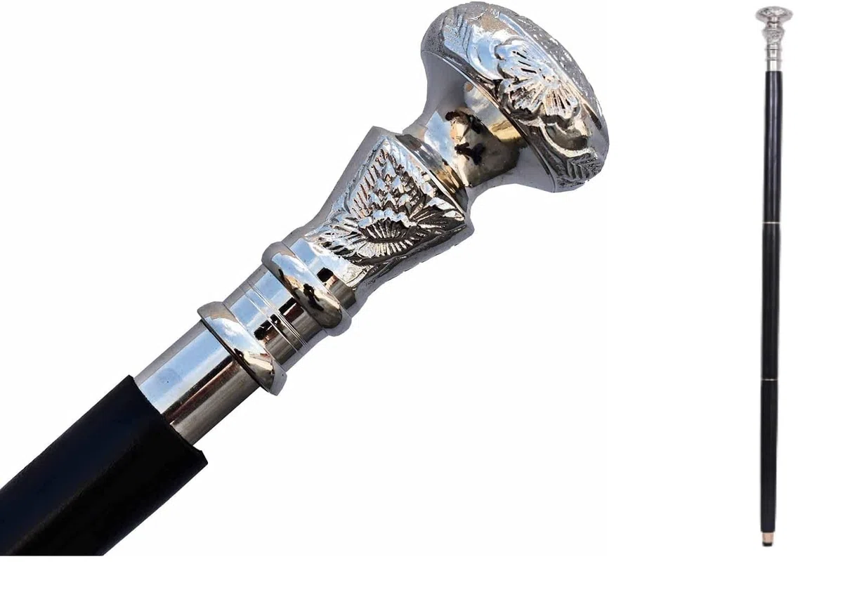 Bastone da passeggio in legno vintage con pomello in argento, fatto a mano, idea regalo