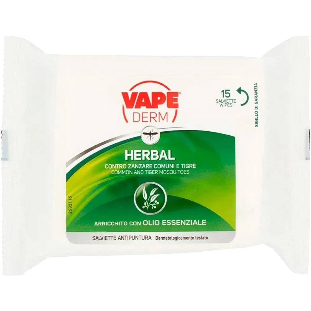 Vape Derm Herbal Antipuntare Zanzare 4 Confezioni da 15 Salviette Olio Essenziale