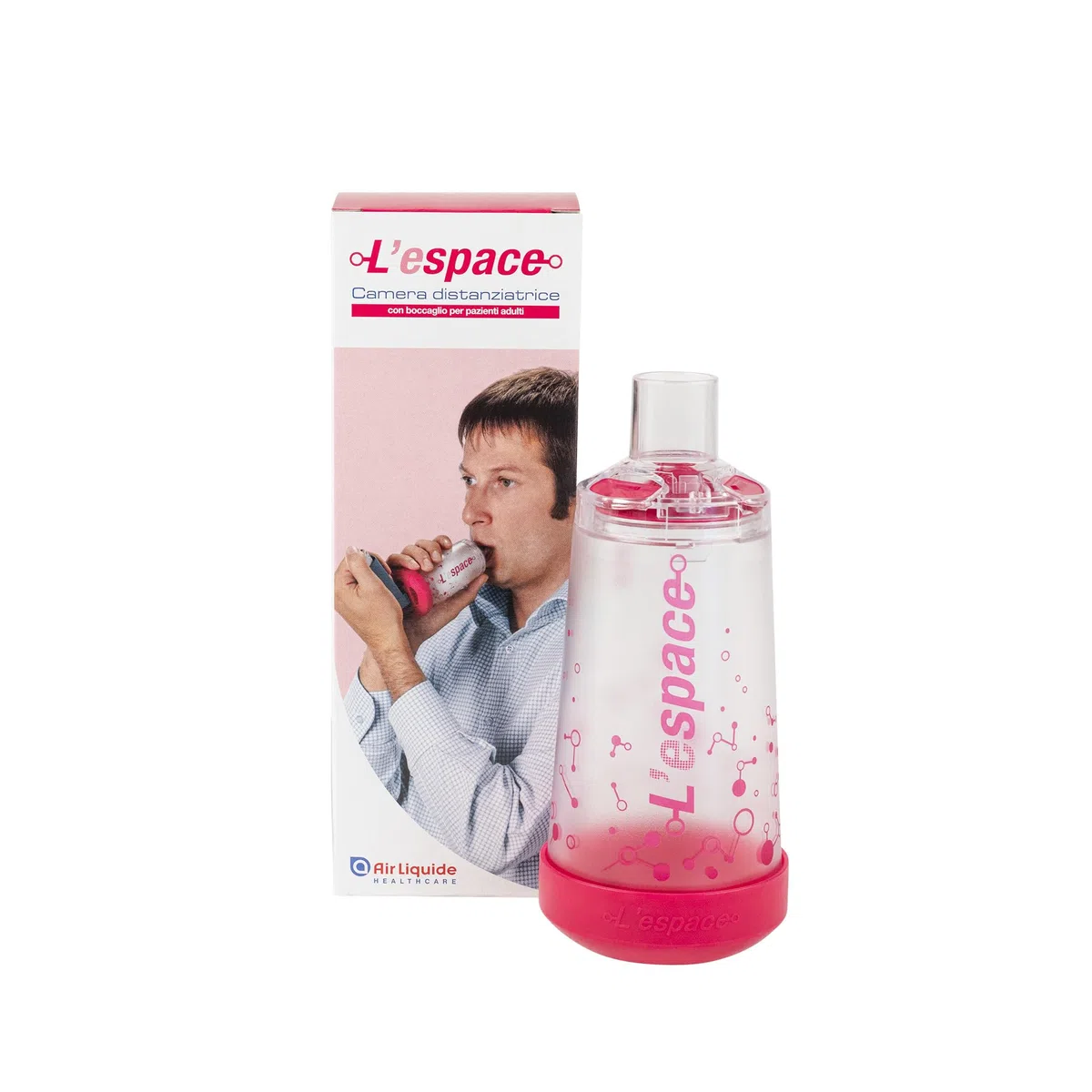 Air Liquide Healthcare, L'ESPACE, Camera Distanziatrice con Boccaglio, Distanziatore per Inalatori, Adatto al Trattamento dell'Asma, per Pazienti Cooperanti (oltre i 6 Anni), Compatibilità Universale