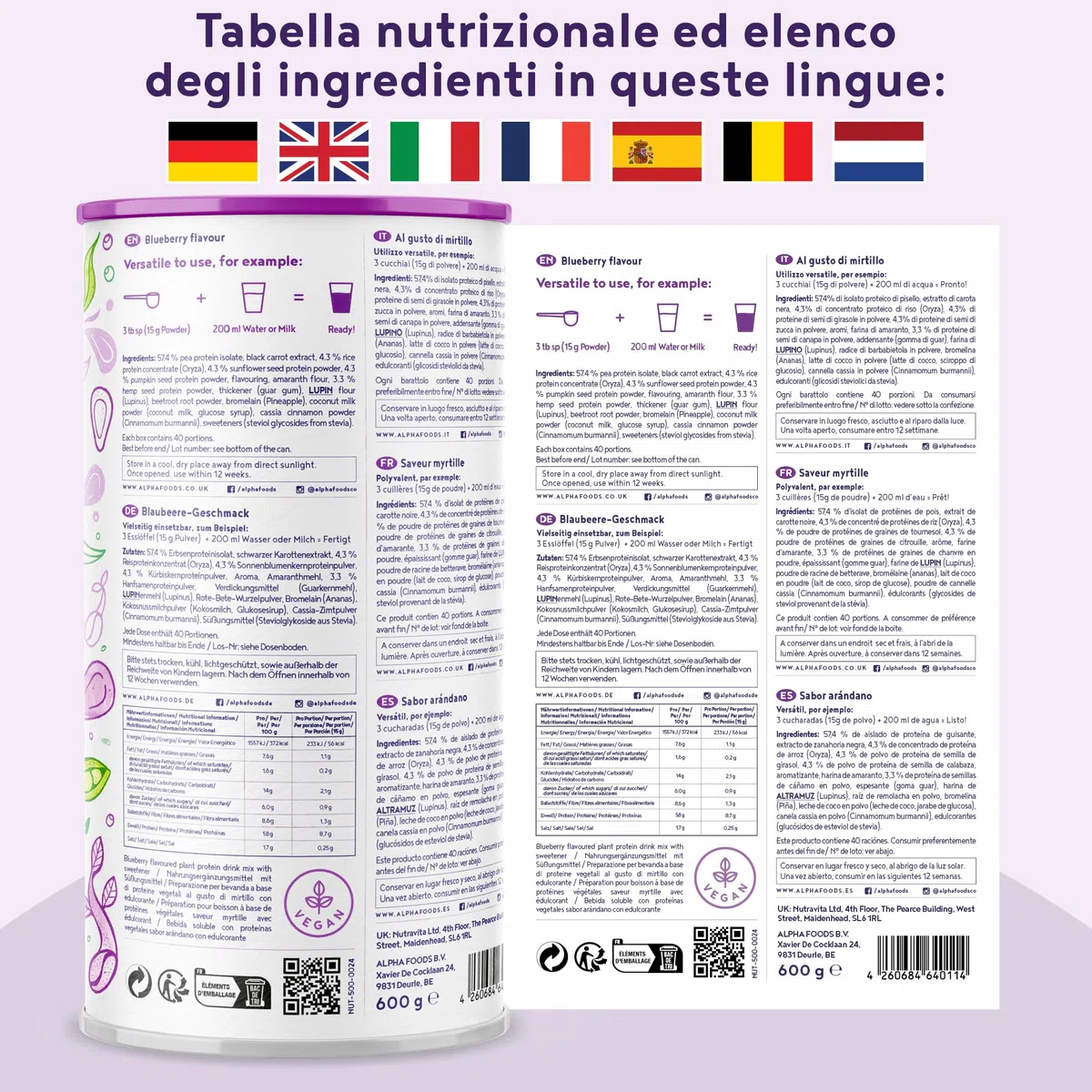 Proteine in Polvere Vegane | Gusto Mirtillo | 17g Proteine | Proteine Vegetali Isolate in Polvere di Pisello, Riso e Girasole | Massa Muscolare | 600g Vegan Protein Powder | Alpha Foods