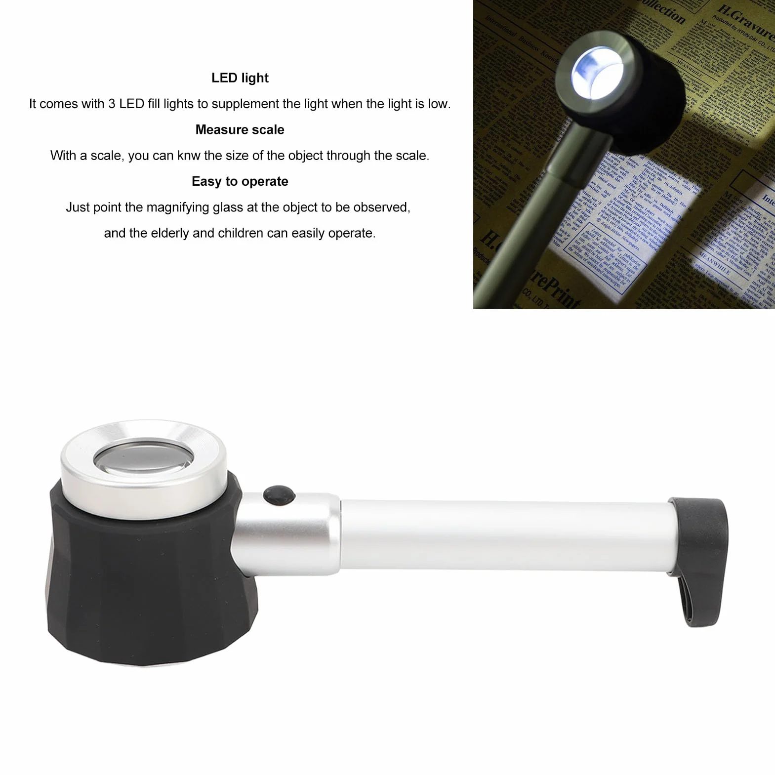Lente D'ingrandimento Portatile 45X, Lente D'ingrandimento con Luci a LED, Lente D'ingrandimento con Scala di Misura in Vetro Ottico per Anziani Lettura Osservazione di