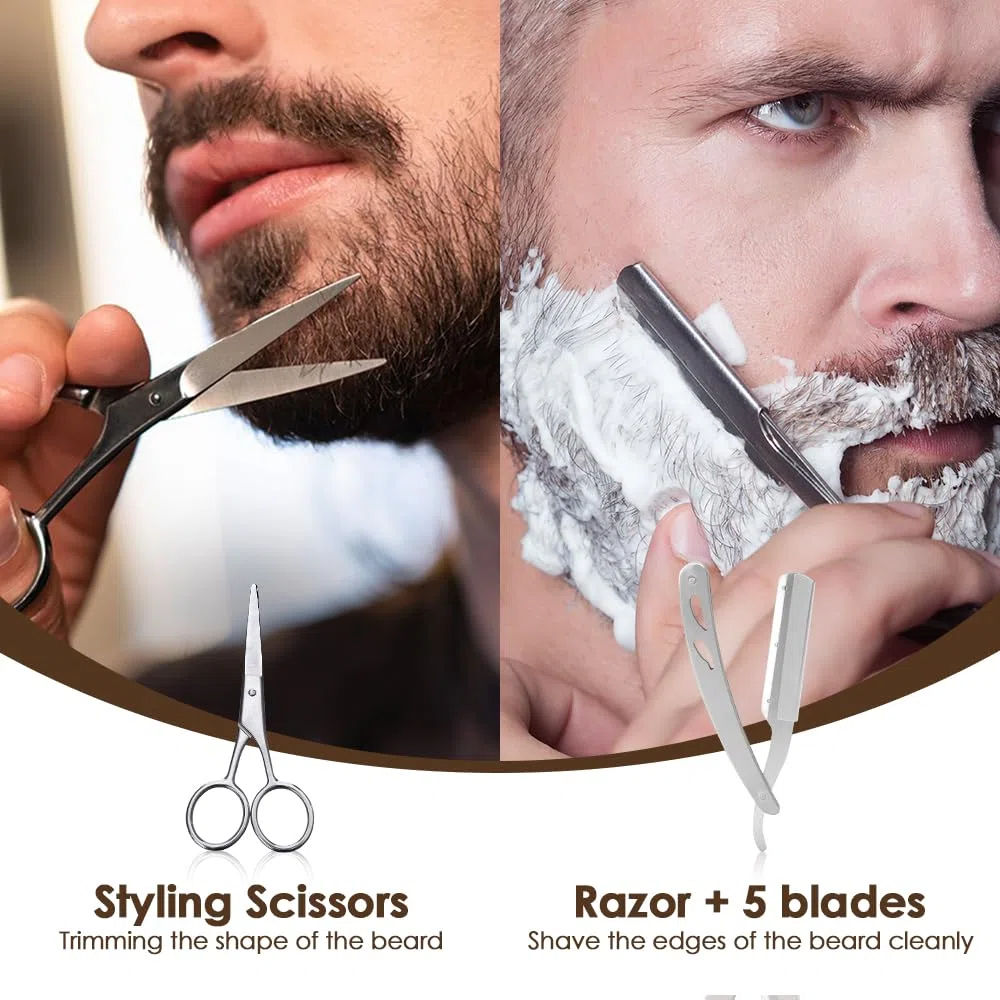 11 in 1 Barba Cura Set, Bledras Cura Della Barba Professionale per Uomo, con Olio da Barba, Balsamo Barba, Shampoo Barba, Rasoio Dritto, Forbici, Spazzola,Pettine, Kit Barba Uomo Regali per Lui e Papà