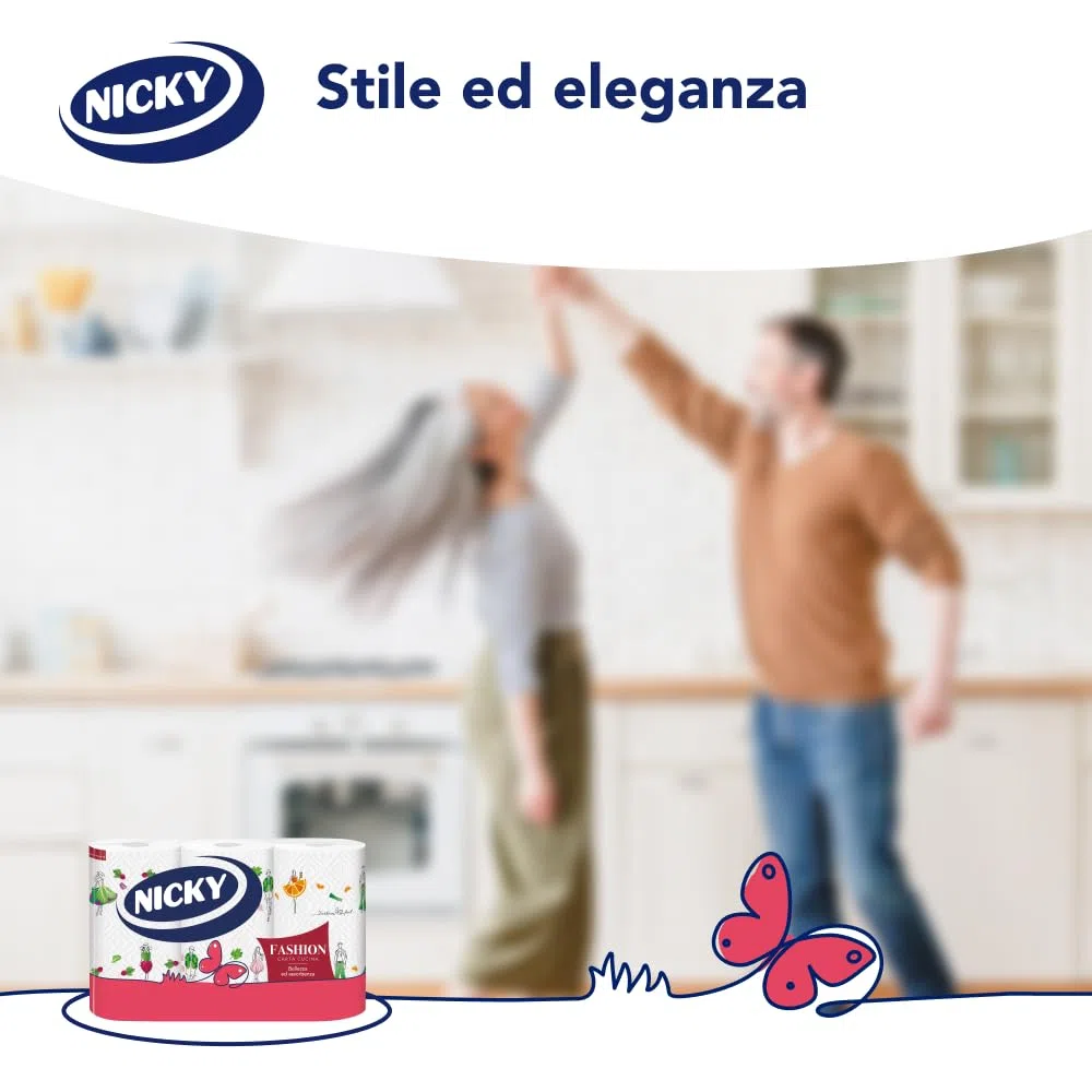 Nicky Fashion - 21 Rotoli di Carta Cucina, 50 Soffici Fogli a 3 Veli, 3 Diverse Fantasie per un Mix&Match in Diversi Colori, Massima Bellezza ed Assorbenza, Carta 100% Certificata FSC