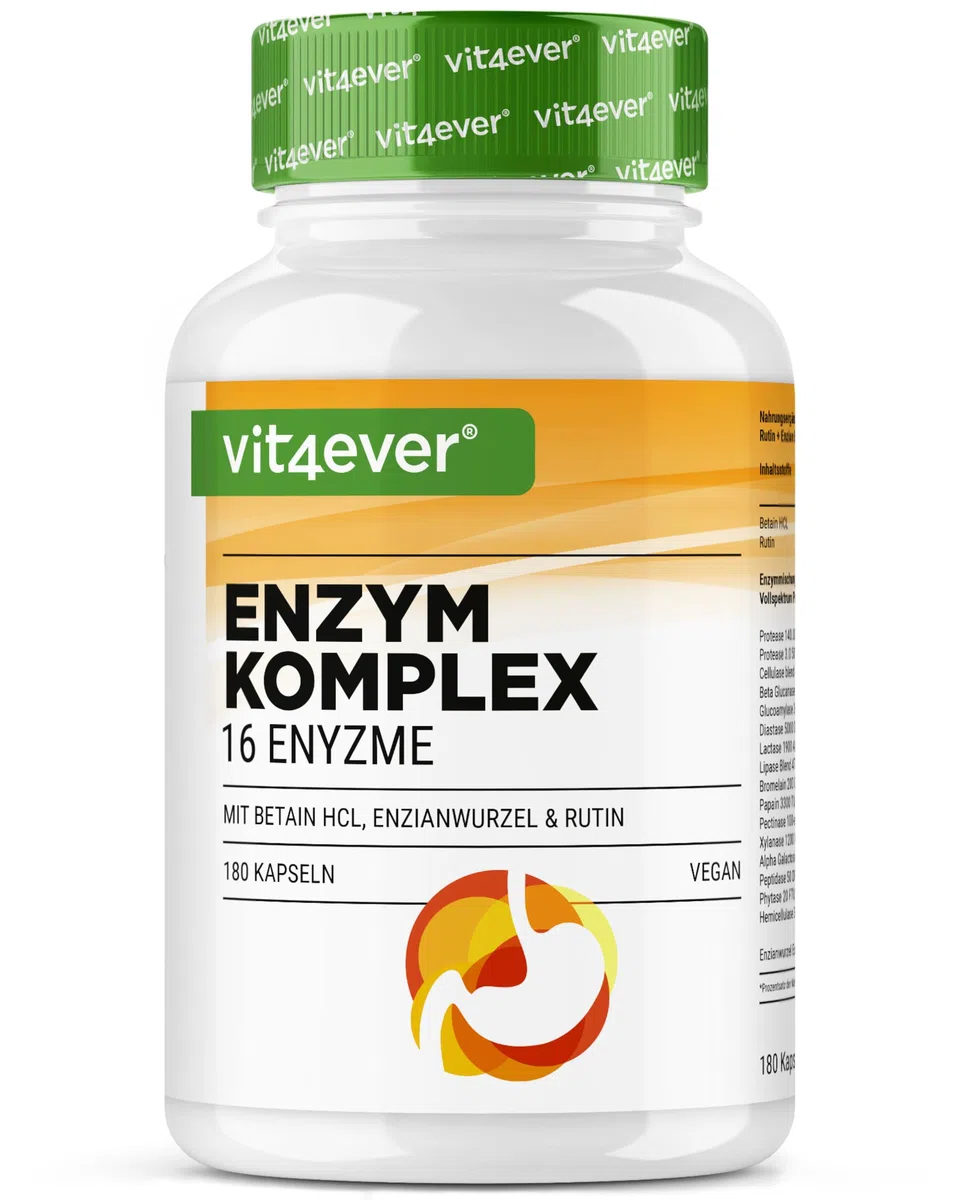 Enzimi Digestivi - 180 Capsule con 16 Enzimi più Betaina HCL, Rutina e radice di Genziana - Con Bromelina, Papaina, Amilasi, Lipasi, Proteasi, Lattasi - Vegano - Altamente Dosato