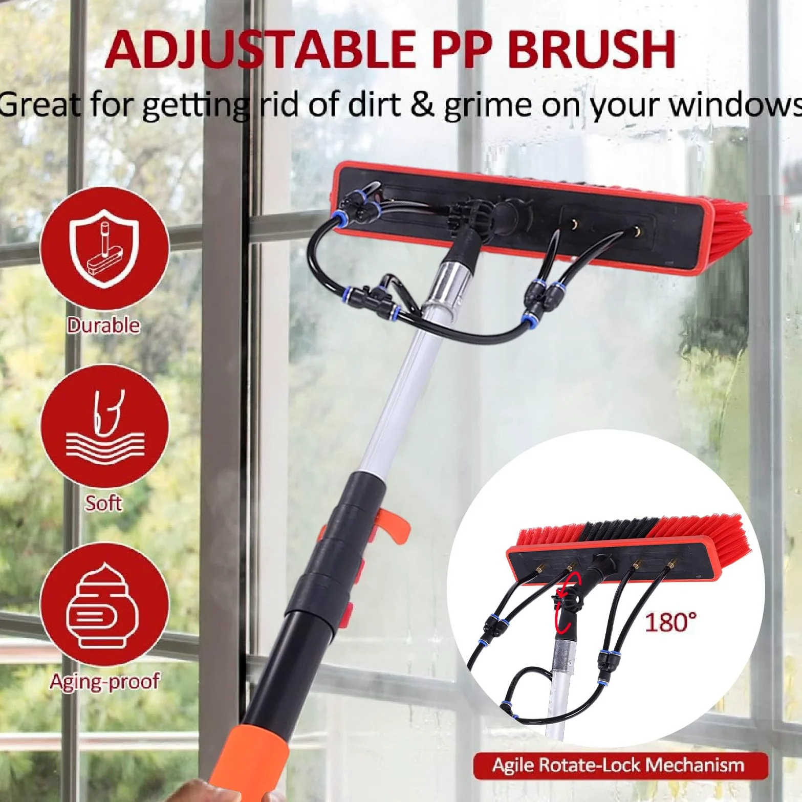 SIXRUN Kit Spazzola per Pannello Solare, ABS PC Alluminio Nylon Detergente per Vetri Alimentato Ad Acqua con Asta Telescopica da 12 Piedi, Spazzola da 35 Cm per la Pulizia del Ponte della Barca della