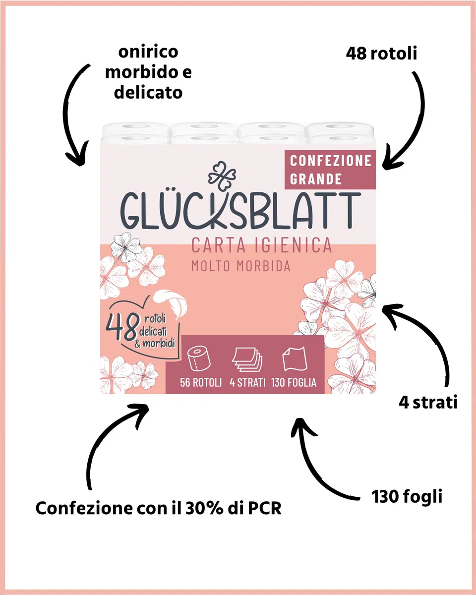 Glücksblatt Carta igienica vellutata, 4 strati, 48 rotoli x 130 fogli, 100% cellulosa, carta igienica super morbida con goffratura fortunata, carta igienica, ideale per campeggio, confezione da almeno