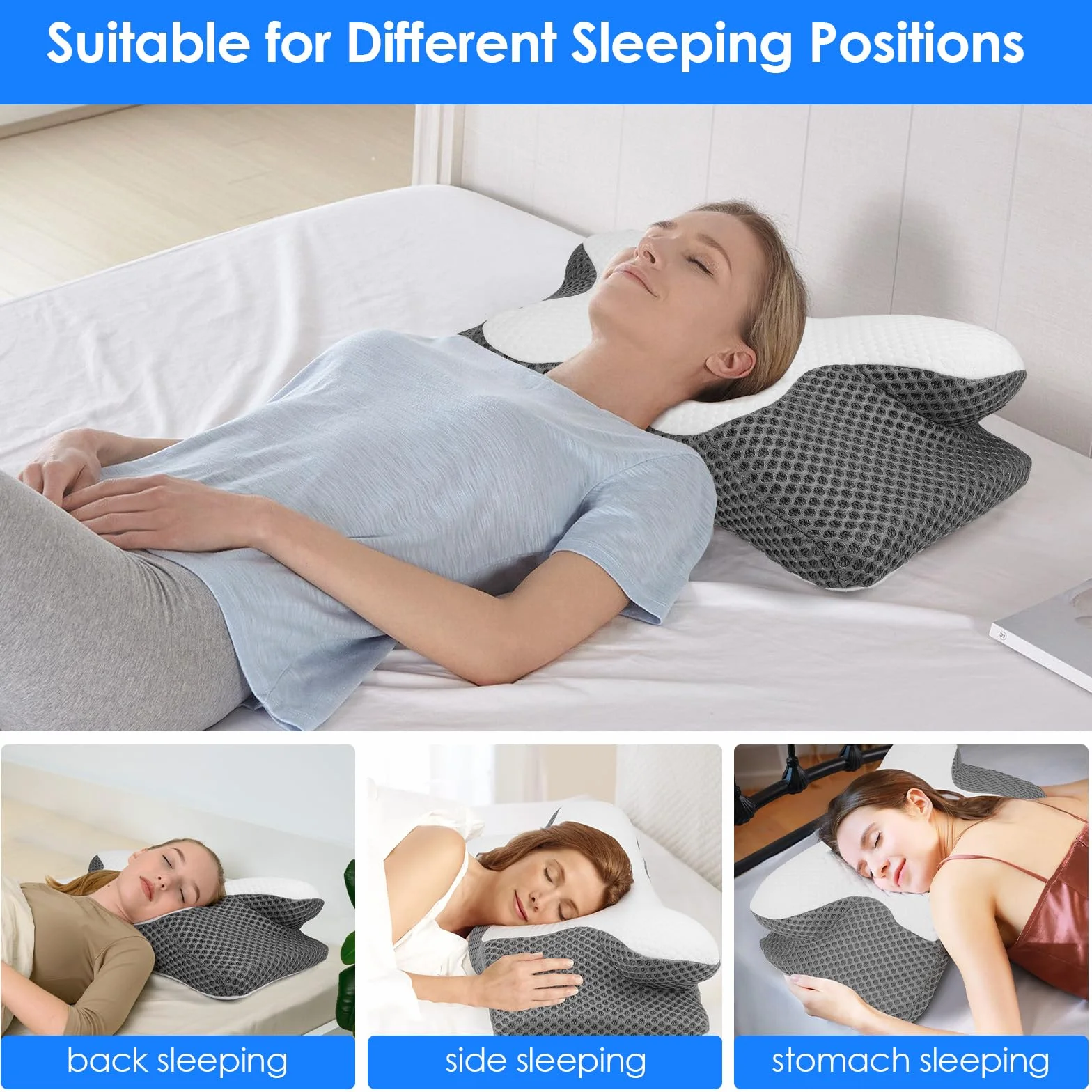 Cuscino Cervicale per Dormire, 2 in 1 Cuscino in Memory Foam per Dolore alla Spalla, Cuscino Ortopedico Ergonomico per chi dorme sul Fianco, Sulla Schiena e Sullo Stomaco-63 x 12/9 x 34 cm