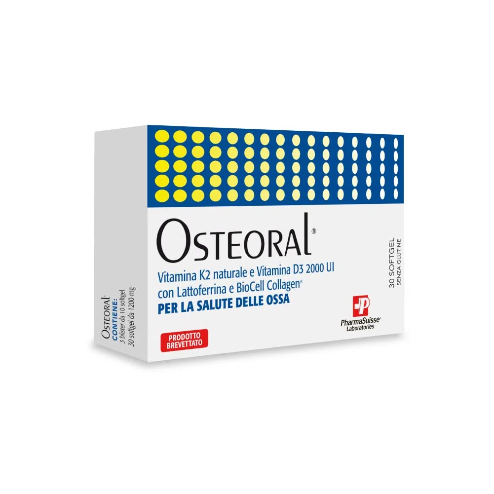 Osteoral® Integratore Alimentare per la Salute delle Ossa - A base di Vitamina K2 naturale e Vitamina D3 ad alto dosaggio, con Lattoferrina e BioCell Collagen® - Metabolismo Osseo - 30 softgel