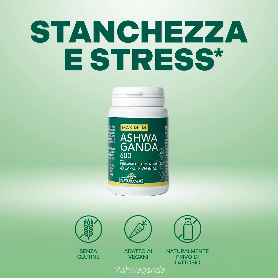 Naturando Maximum ASHWAGANDA 600 Integratore alimentare, con Ashwaganda, ottima in caso di stanchezza fisica e mentale – Flacone da 40 capsule vegetali