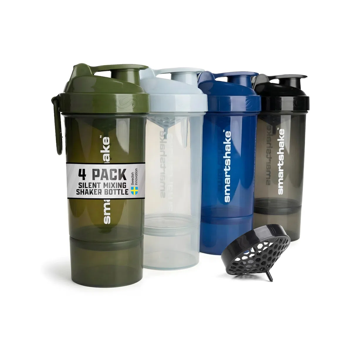 Smartshake O2GO ONE, confezione da 4 shaker proteici da 600 ml | 20 oz - Contenitore incluso - Coperchio a vite anti-perdita - Senza BPA - Unisex - Grigio nebbia, Verde militare, Nero, Blu navy