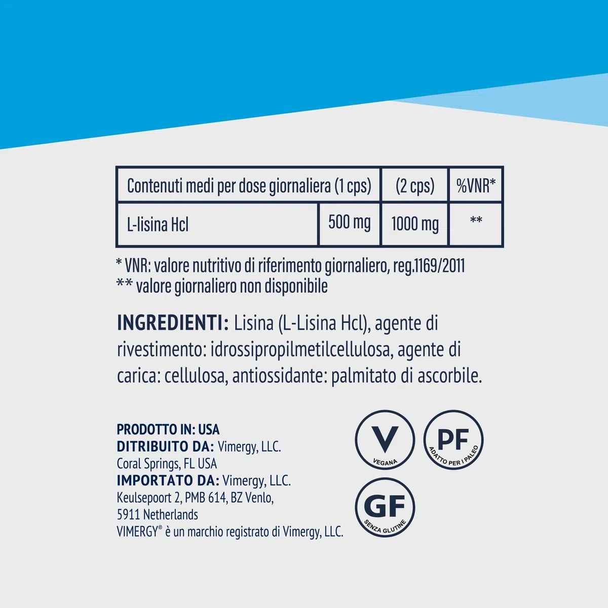 Vimergy L-Lysine 500 mg L-Lisina in Capsule, 270 Dosi – Amminoacido Essenziale – Capsula Vegana Senza Gelificanti - Senza OGM, Senza Glutine, Senza Gelatina, Kosher