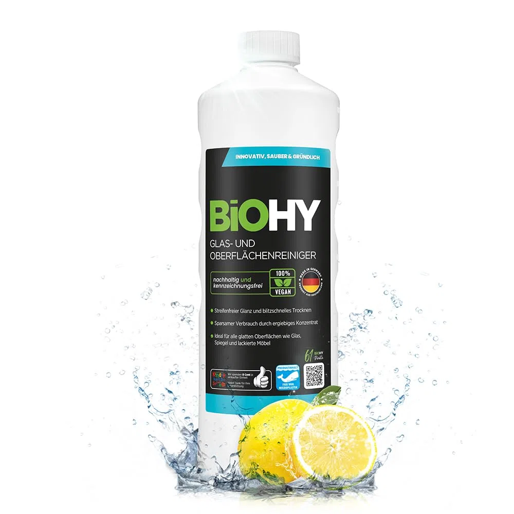 BiOHY Detergente per vetri e superfici (Bottiglia da 1l) | Detergente concentrato a base di alcool | Detergente biologico professionale (Oberflächenreiniger)