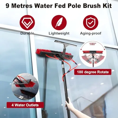 Kit de cepillo de limpieza de ventanas con poste de 9 m, cepillo alimentado por agua, dispensador de jabón y manguera de 20 m, ideal para paneles solares, limpiador de aluminio de 55 cm