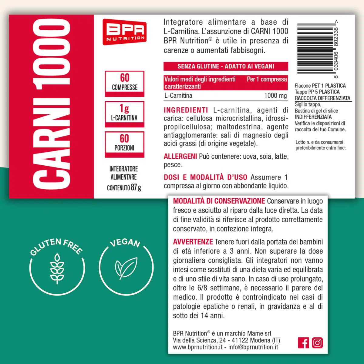 BPR Nutrition - Carni 1000 - Integratore di L- Carnitina in compresse