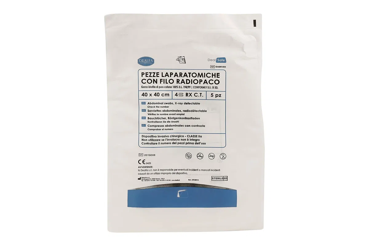DEALFA Pezze Laparatomiche di Garza Sterili - 40x40 cm - 4 Strati con RX - Colore Bianco - Monouso - Doppia Busta Sterile da 5 Pezzi - Confezione da 5 Buste