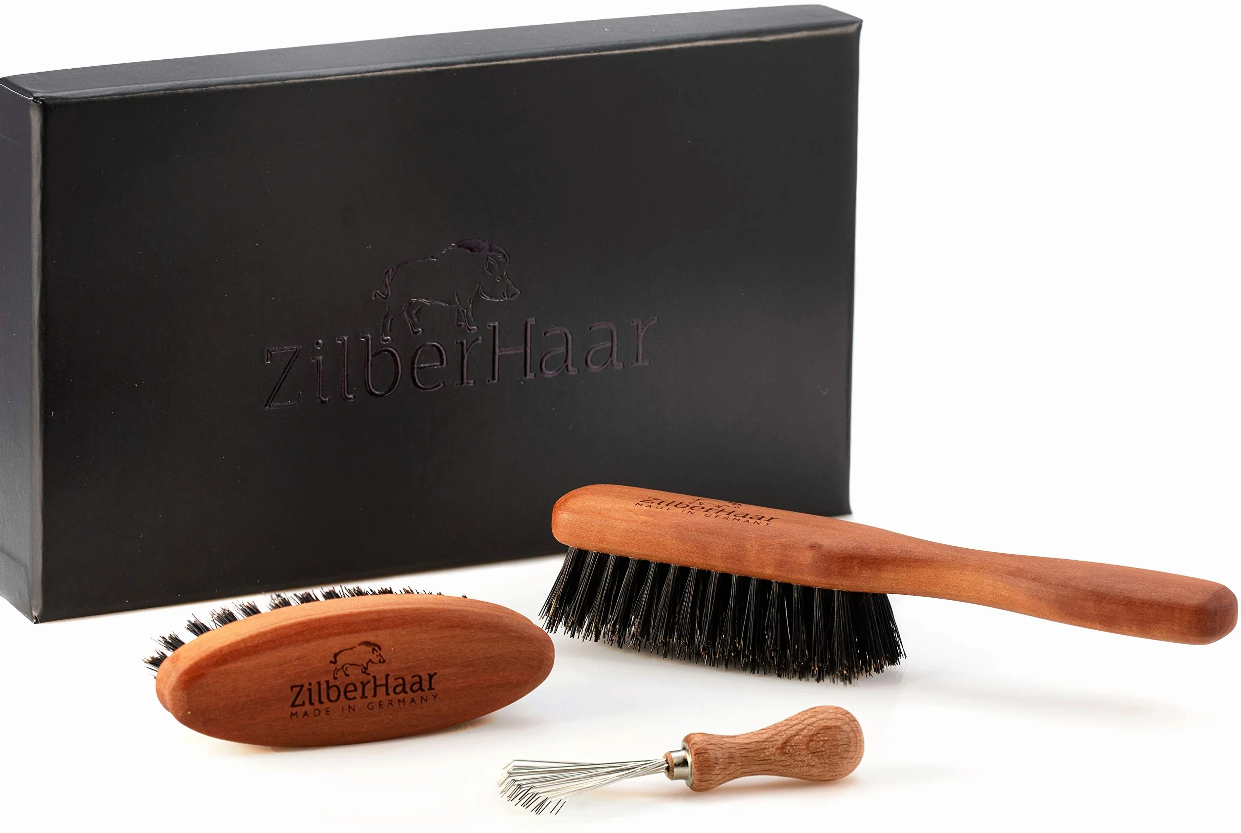 ZilberHaar - Kit Spazzole da Barba Uomo - 1 Spazzola da Barba + 1 Spazzola Tascabile + 1 Attrezzo Pulizia Spazzole - Setole Cinghiale Rigide, Legno di Pero - Barba Media/Lunga Fitta - Per Oli/Balsami