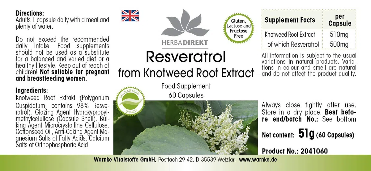 Resveratrolo 100% 500mg - Estratto di Fallopia Japonica - 60 Capsule - Vegan | HERBADIREKT by Warnke Vitalstoffe - Qualità da farmacia tedesca
