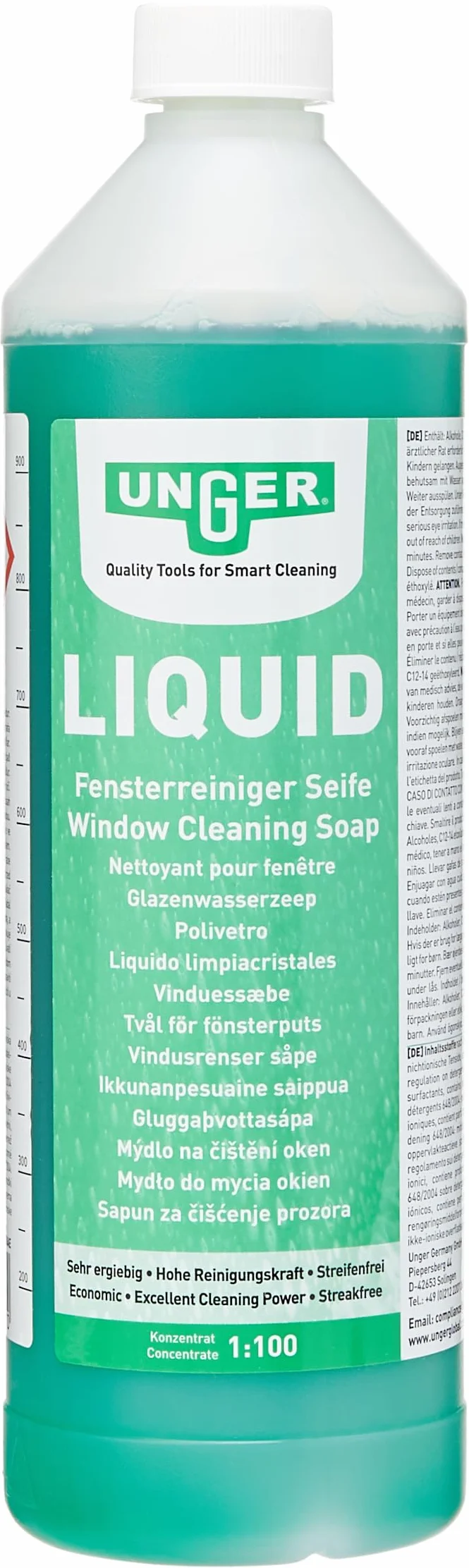 UNGER Detergente liquido per vetri (1 litro, concentrato, rapporto di miscelazione 1:100, pH neutro, vetri senza aloni, tappo di sicurezza, scala di dosaggio) FR100