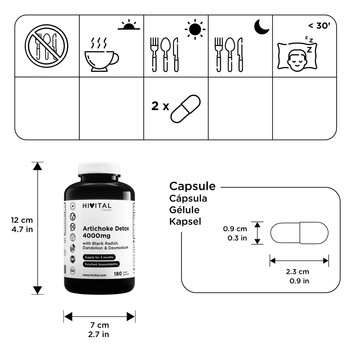 Carciofo Detox 4000 mg. 180 capsule vegane per 3 mesi di trattamento. Con Carciofo, Ravanello Nero, Tarassaco e Desmodium. Prodotto in Europa da HIVITAL