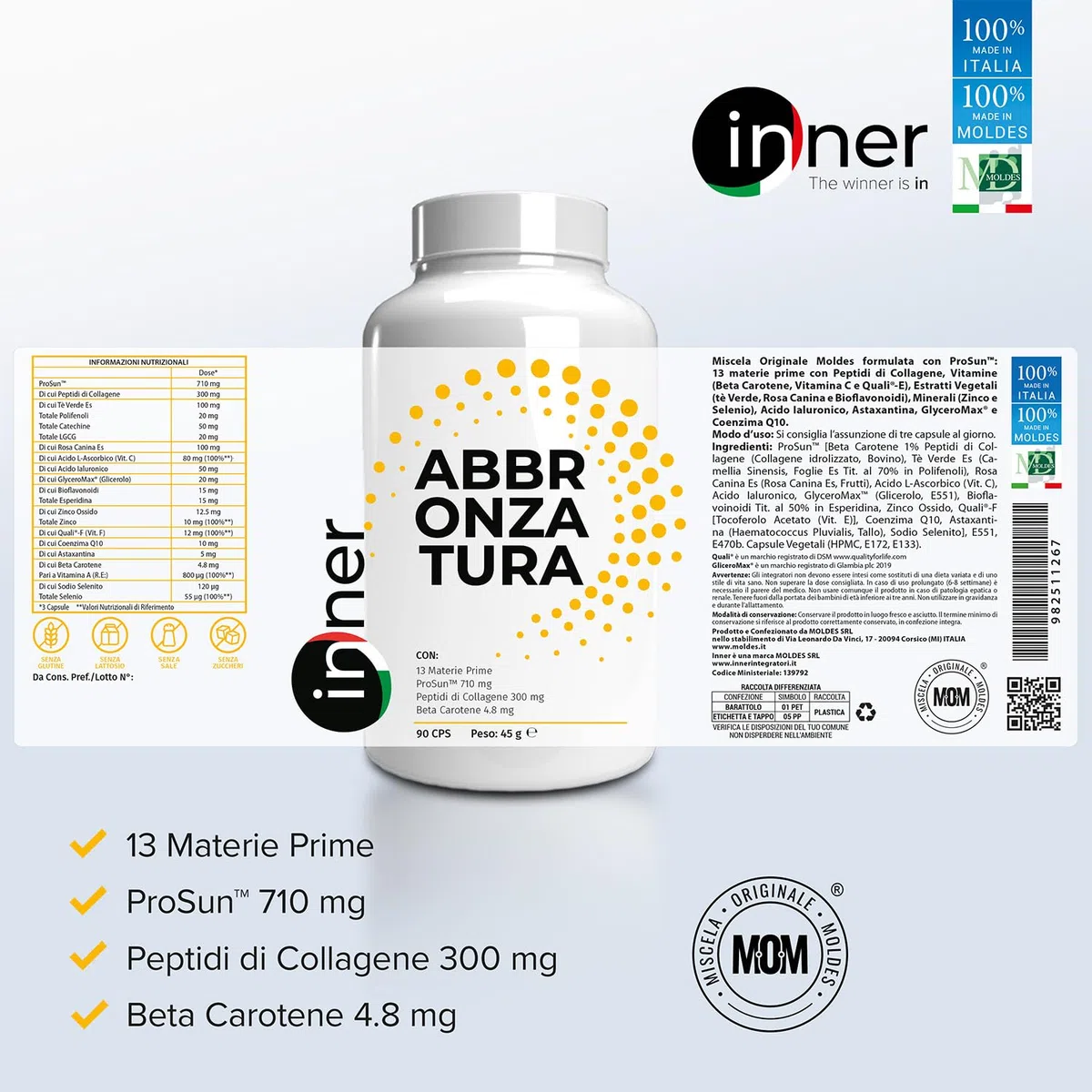 Inner Abbronzatura – 90 capsule – Integratore per Abbronzatura e Fotoprotezione – Protegge da Esposizione Solare e Stress Ossidativo – Stimola l’idratazione della Pelle