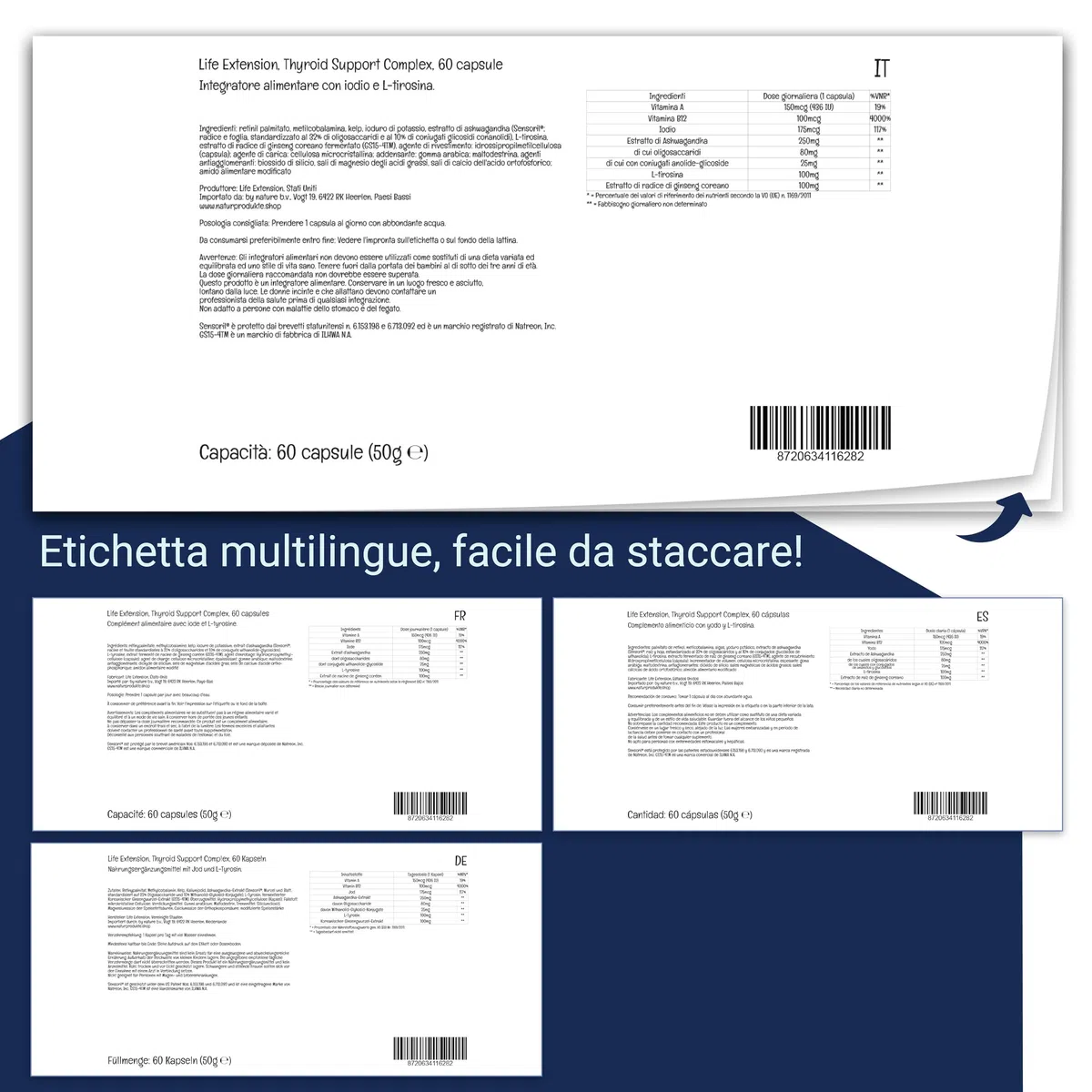 Life Extension, Thyroid Support Complex, con Iodio e L-Tirosina, 60 Capsule vegane, Testato in Laboratorio, Senza Glutine, Vegetariano, Senza Soia, Non OGM