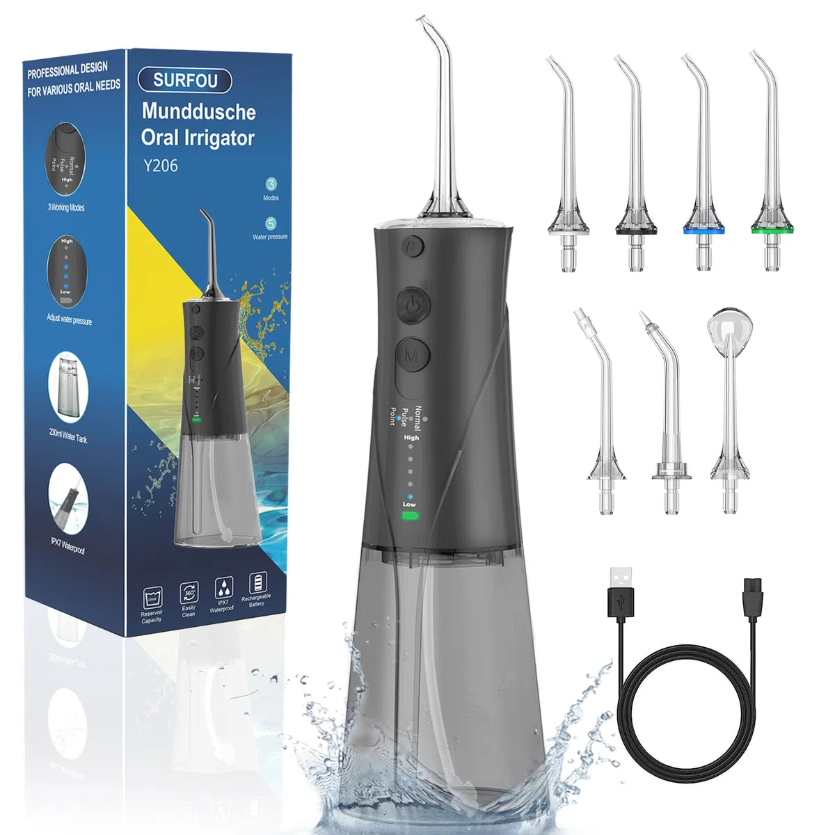 SURFOU Idropulsore Dentale Portatile 3 Modalità 5 Pressione dell'acqua e 7 Ugelli, 230 ml IPX7 Impermeabile USB Ricaricabile per Viaggi e uso Domestico