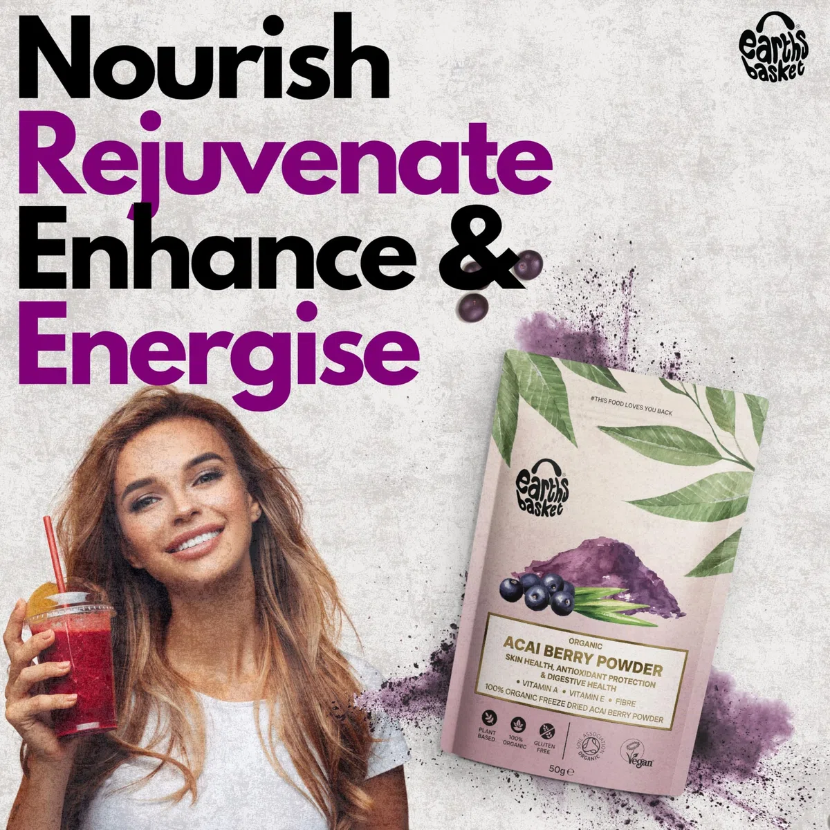 Earth's Basket, polvere di bacche di acai biologiche, precatori di Euterpe liofilizzati, 100% biologica pura e certificata, super alimento antiossidante (100 g)