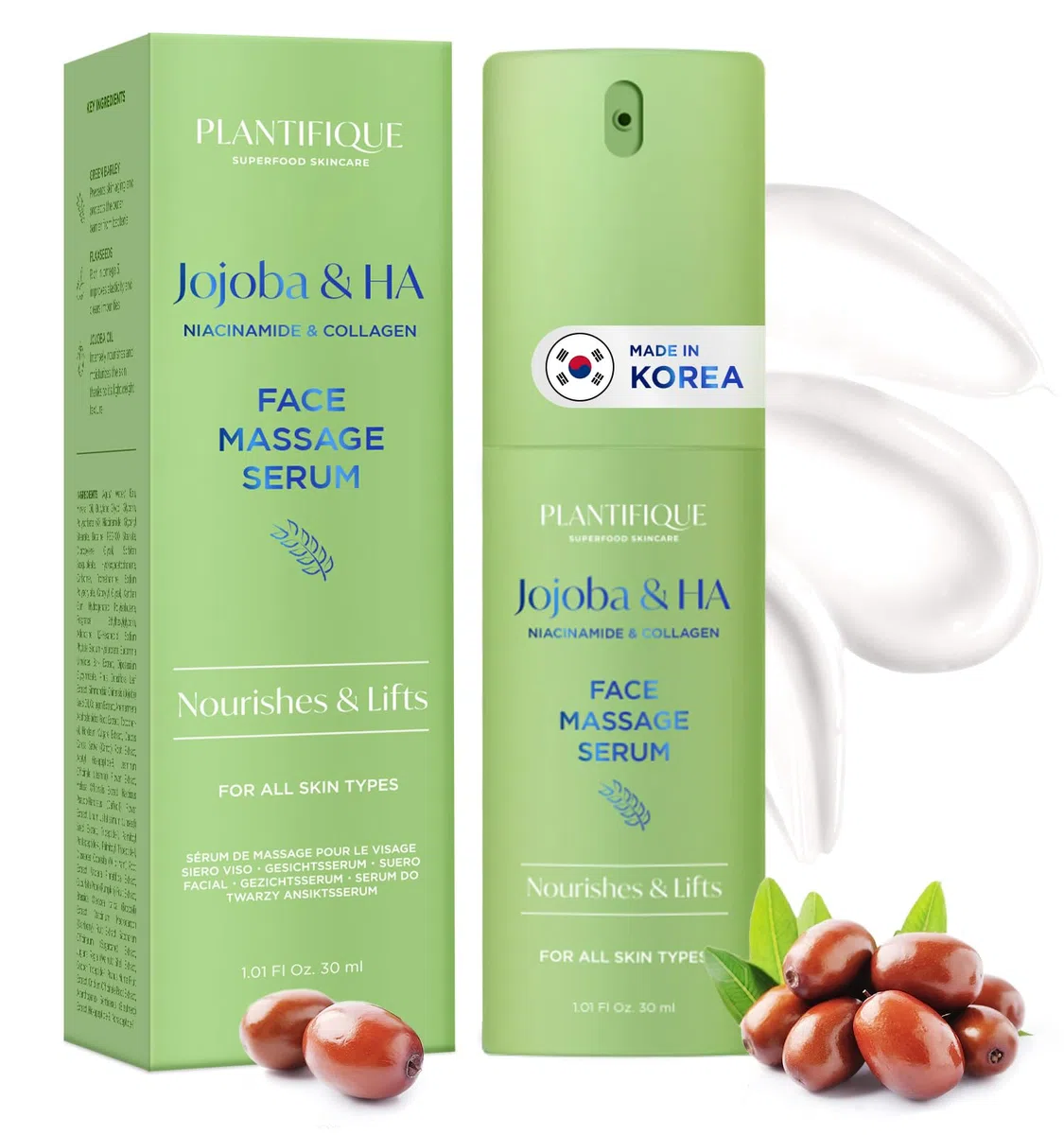 PLANTIFIQUE Siero Viso Jojoba Massage Bio Oil Acido Ialuronico, Niacinamide e Collagene | Prodotti Skincare Idratante Antirughe i Antimacchie Contorno Occhi | Olio Puro Massaggiatore per Gua Sha 30 ml