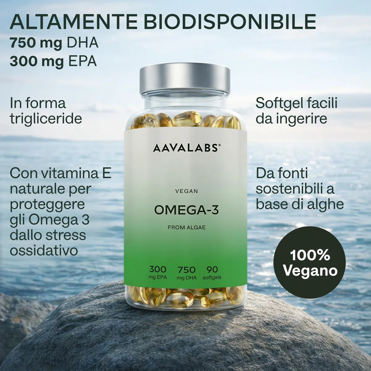 Omega 3 Vegan ad Alta Efficienza [1500 mg] Omega3 con 750mg DHA e 300mg EPA per Dose Giornaliera - Integratore Omega 3 da Olio di Alghe Vegetale Puro Sostenibile - 90 Softgel