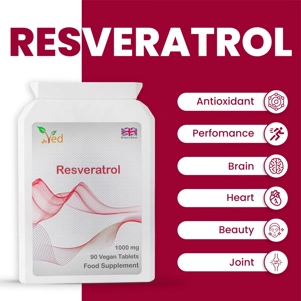 Ved Anti-età, Salute del cuore, Supporto immunitario | Integratore antiossidante | Compresse di resveratrolo | 1000 mg x 90 compresse ((confezione da 2)