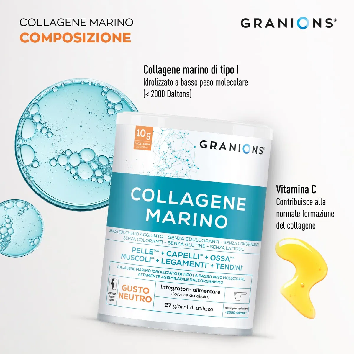 GRANIONS Collagene Marino Idrolizzato Tipo I in Polvere | 10 g al Giorno | Vitamina C Naturale da Acerola | Pelle, Capelli, Ossa, Muscoli | Gusto Neutro | 278 g | 27 Giorni