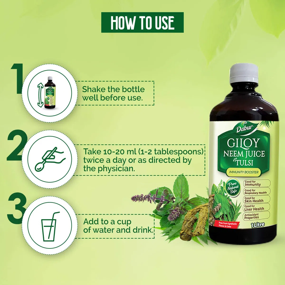 Dabur Succo di Giloy Neem Tulsi: Beneficio dei Booster di Immunità 3 in 1 con il potere di Giloy, Neem e Tulsi|Succo Puro, Naturale e Ayurvedico al 100% -1L