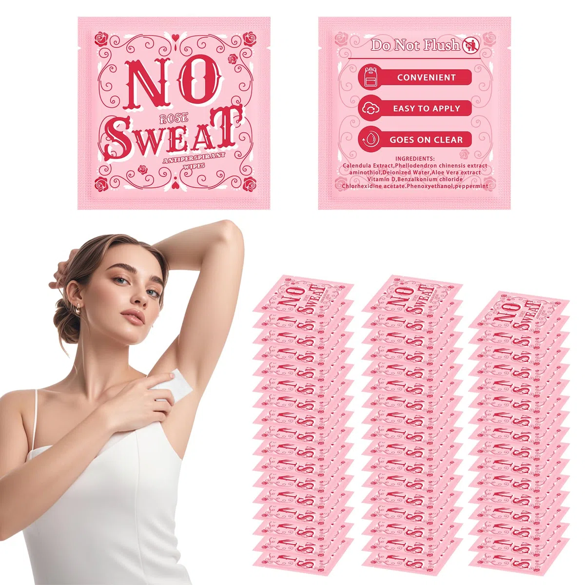 Krishome 50 pezzi rosa profumo di salviette deodorante e salviette per il corpo avvolgono individualmente le ascelle e viaggio per la pelle pulita per gli adolescenti (50)