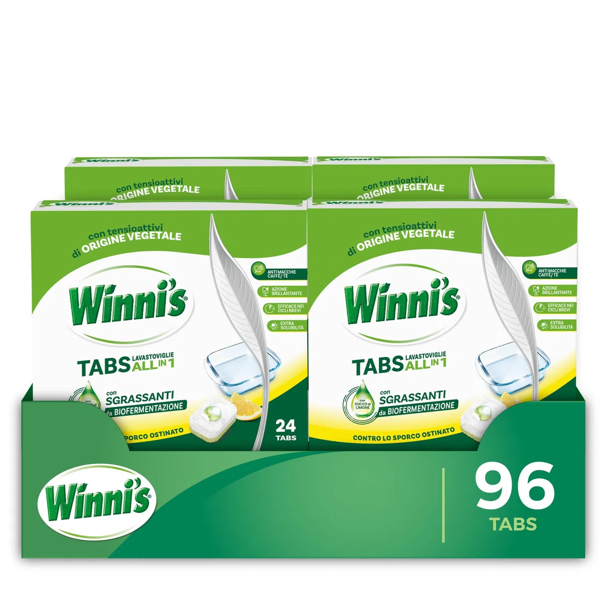 Winni's - Pastiglie per Lavastoviglie, 192 Tabs, Detersivo Multiazione Detergente, Sgrassante, Antiodore e Brillantante, Fragranza di Limone, con Materie Prime di Origine Vegetale, Confezione da 8