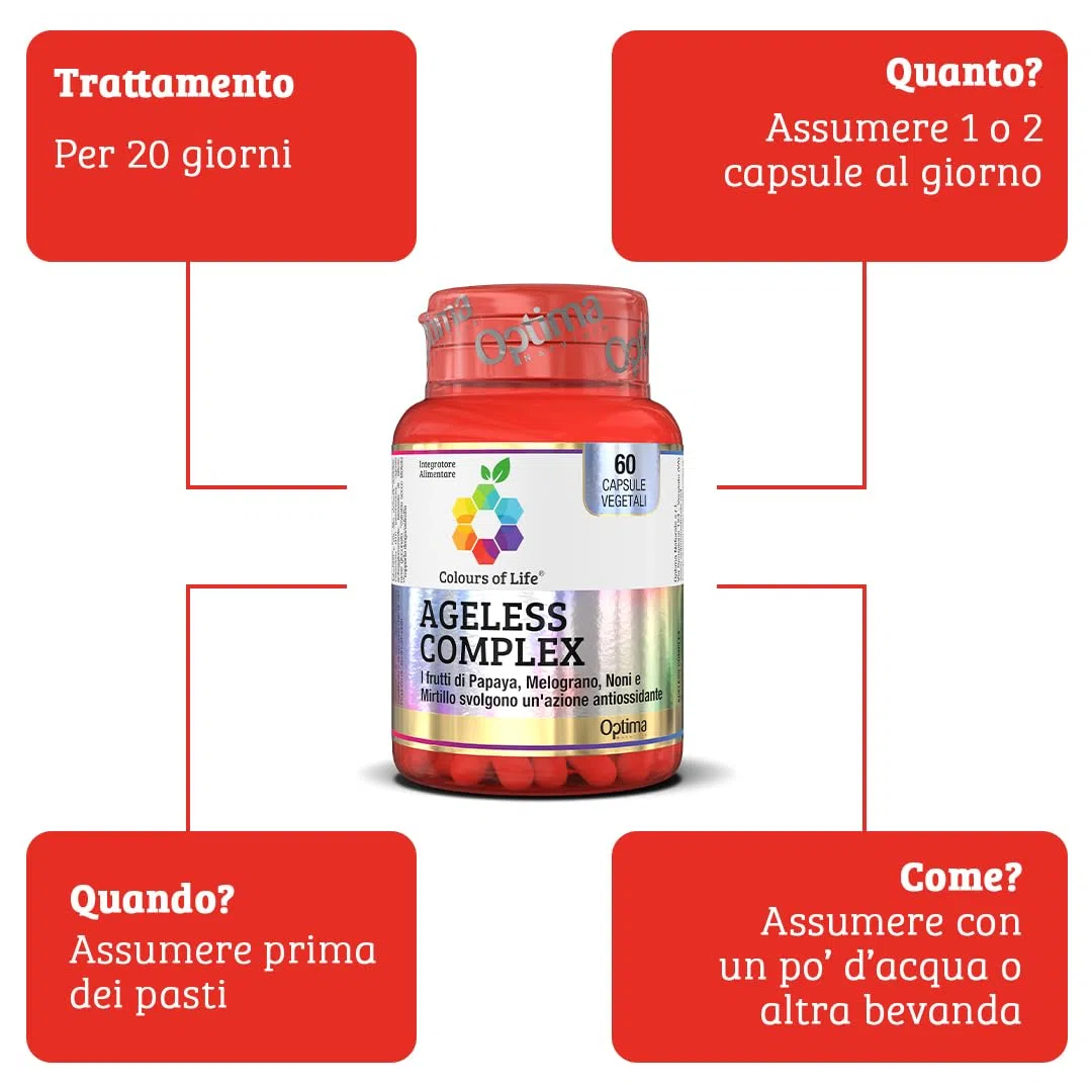 Ageless Complex - integratore alimentare con Papaya, Melograno, Noni, Mirtillo e Sambuco, protegge le cellule dallo stress ossidativo, antiossidante, 60 capsule Colours Of Life