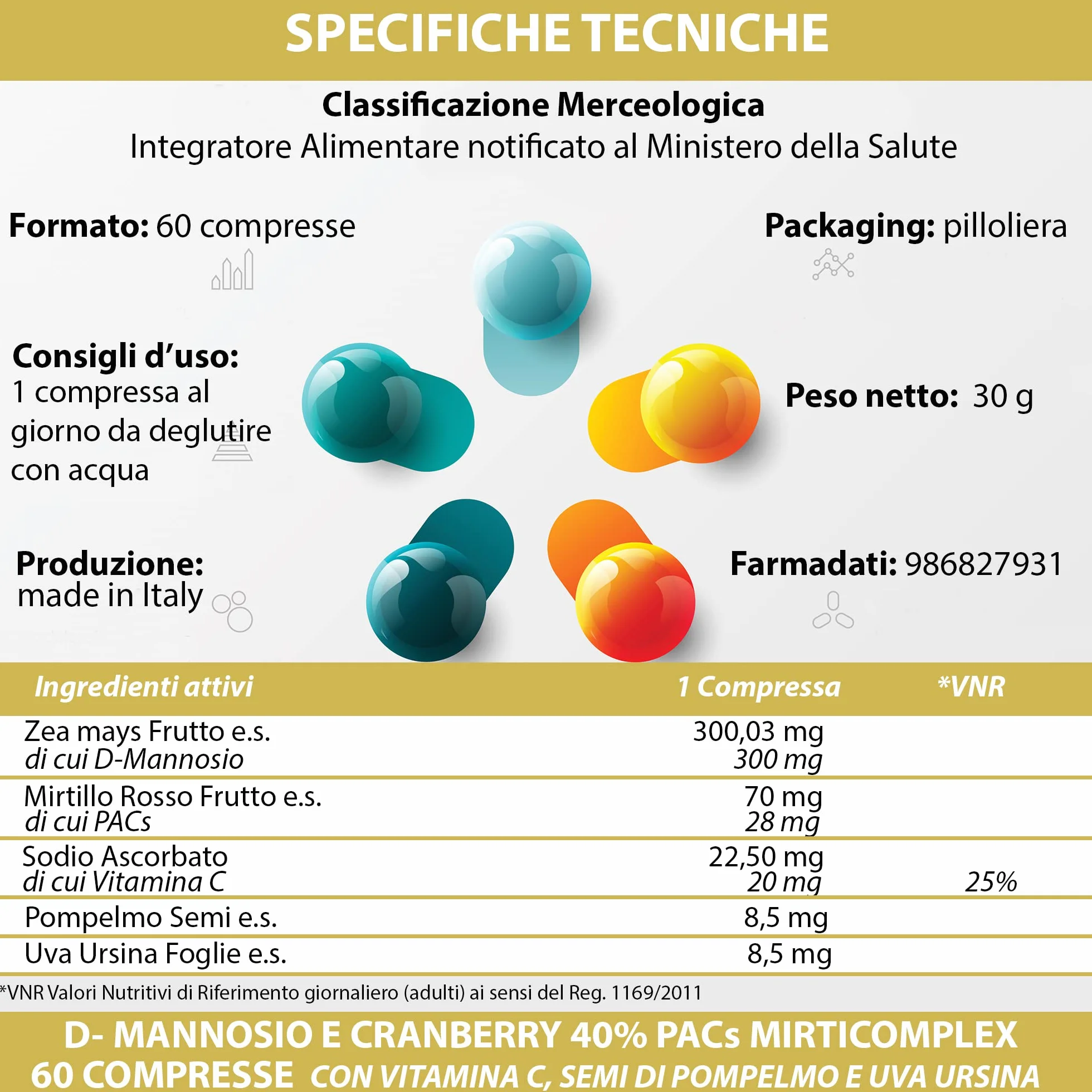 D - Mannosio e Cranberry 40% PAC Mirti Complex con Semi di Pompelmo, Uva Ursina e Vitamina C | 240 compresse 1 al dì | Mirtillo Rosso ad Alto Dosaggio