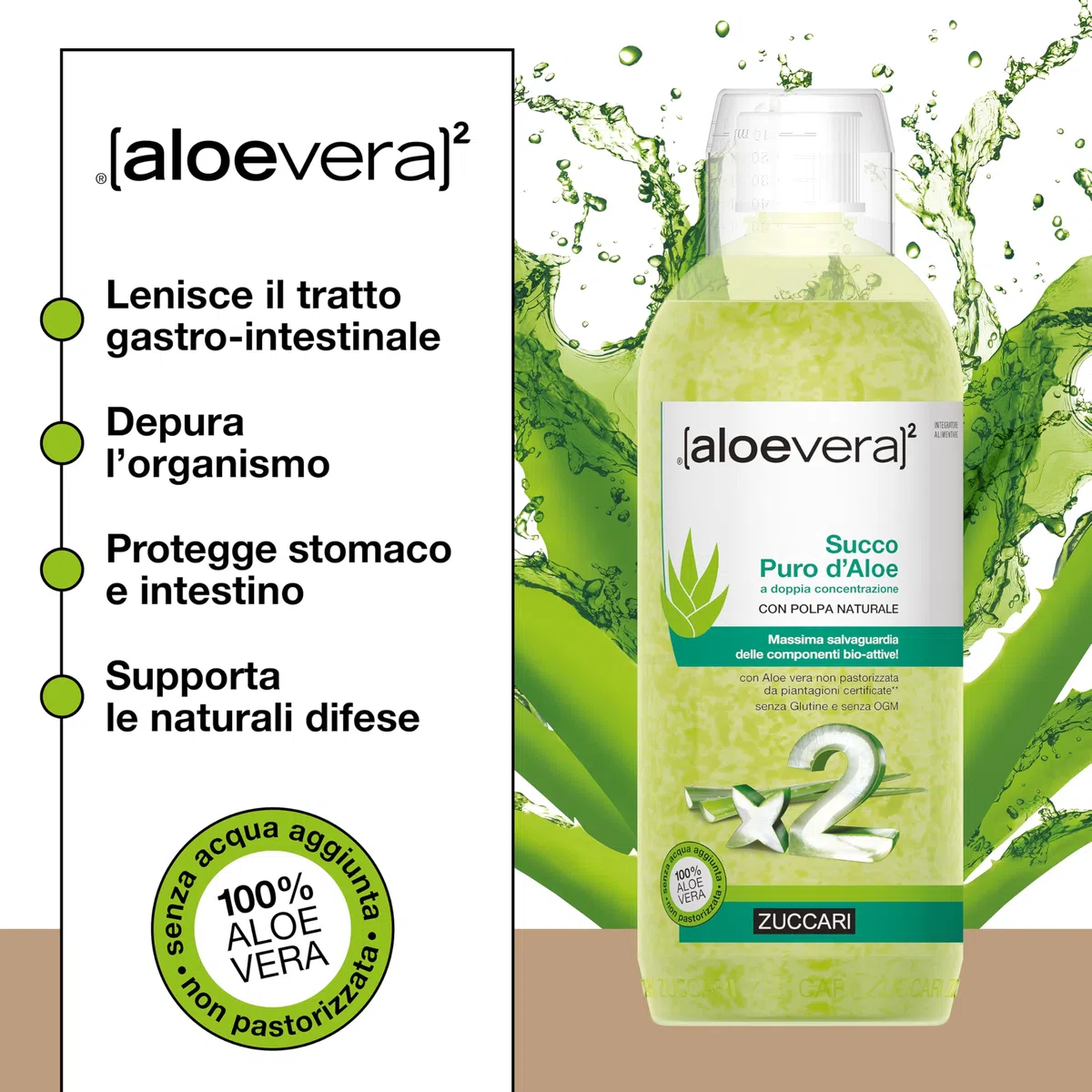 Zuccari ALOEVERA² Succo Puro d'Aloe, Bottiglia da 1000ml, Aloe Vera a Doppia Concentrazione, Non Pastorizzata, Supporto per la Depurazione e il Benessere Gastrointestinale