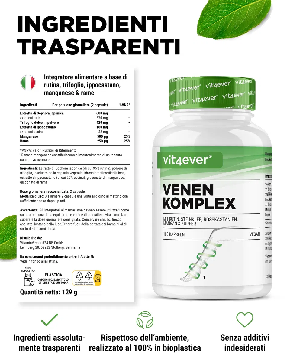 Complesso venoso - 180 capsule - Scorta di 3 mesi - Alto dosaggio di rutina, trifoglio, estratto di ippocastano, manganese, rame - Estratti pregiati - Vegan