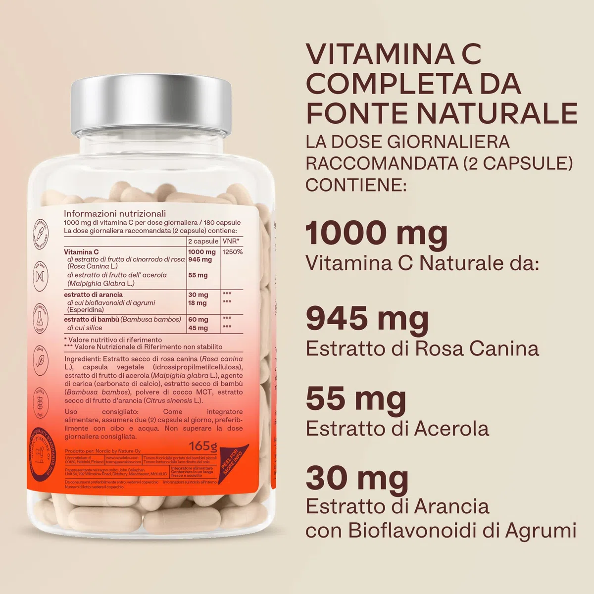 Vitamina C 1000mg Vegan - Integratore Vitamina C Naturale Alto Assorbimento con Bioflavonoidi, Rosa Canina, Acerola - 1000 Vitamina C Pura per dose - Vitamin C Difese Immunitarie 180 Capsule