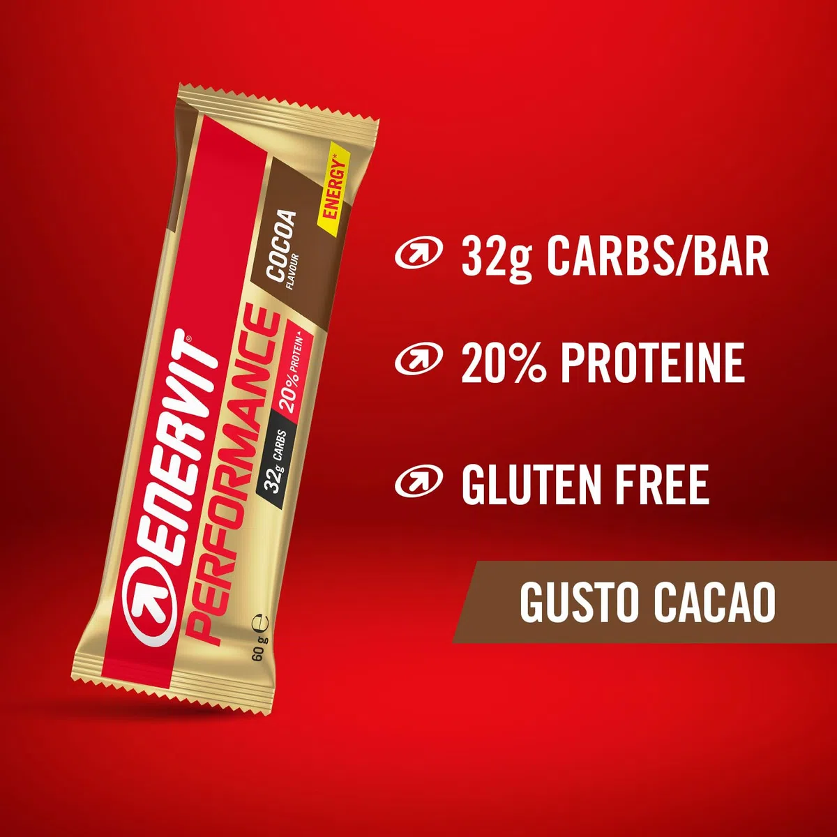 Enervit, Performance Bar Cocoa, Barrette Energetiche, 32g di Carboidrati, 20% di Proteine, Gusto Cacao, Per Attività Sportiva di Lunga Durata ed Endurance, Senza Glutine, 12 Barrette da 60g