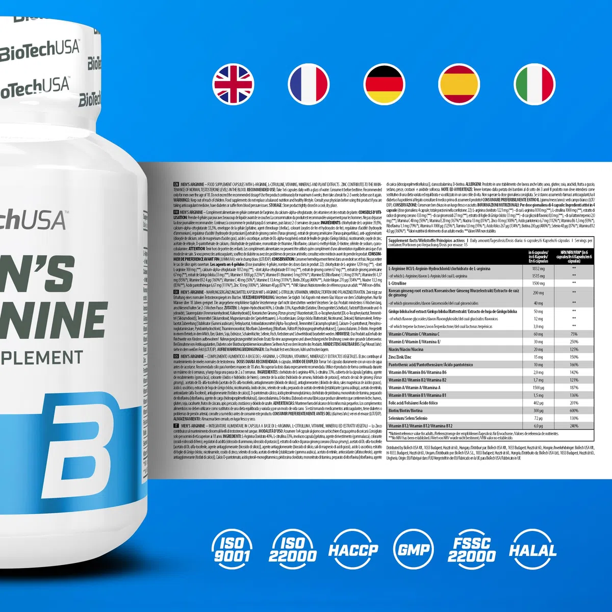 BioTechUSA Men's Arginine | Aumenta la vitalità | con ingredienti vegetali | Vitamine | Zinco | Ideale per il benessere maschile | 90 Capsule