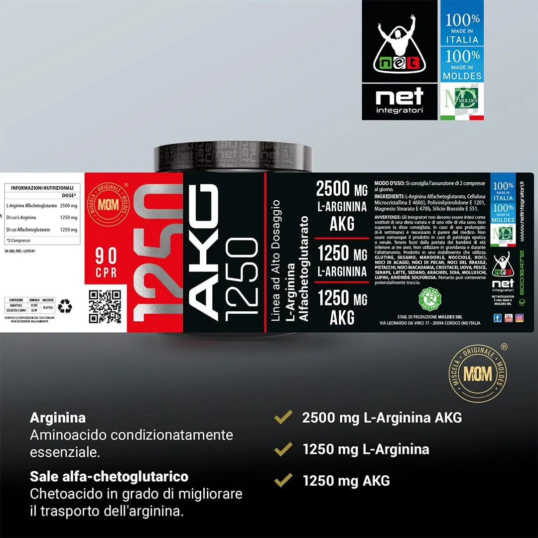 Net Integratori AKG 1250 – 90 compresse – Integratore di Arginina Alfa-Chetoglutarato ad Alto Dosaggio per Stimolare Ossido Nitrico e Aumentare Pump Muscolare e Resistenza – Pre e Post Workout